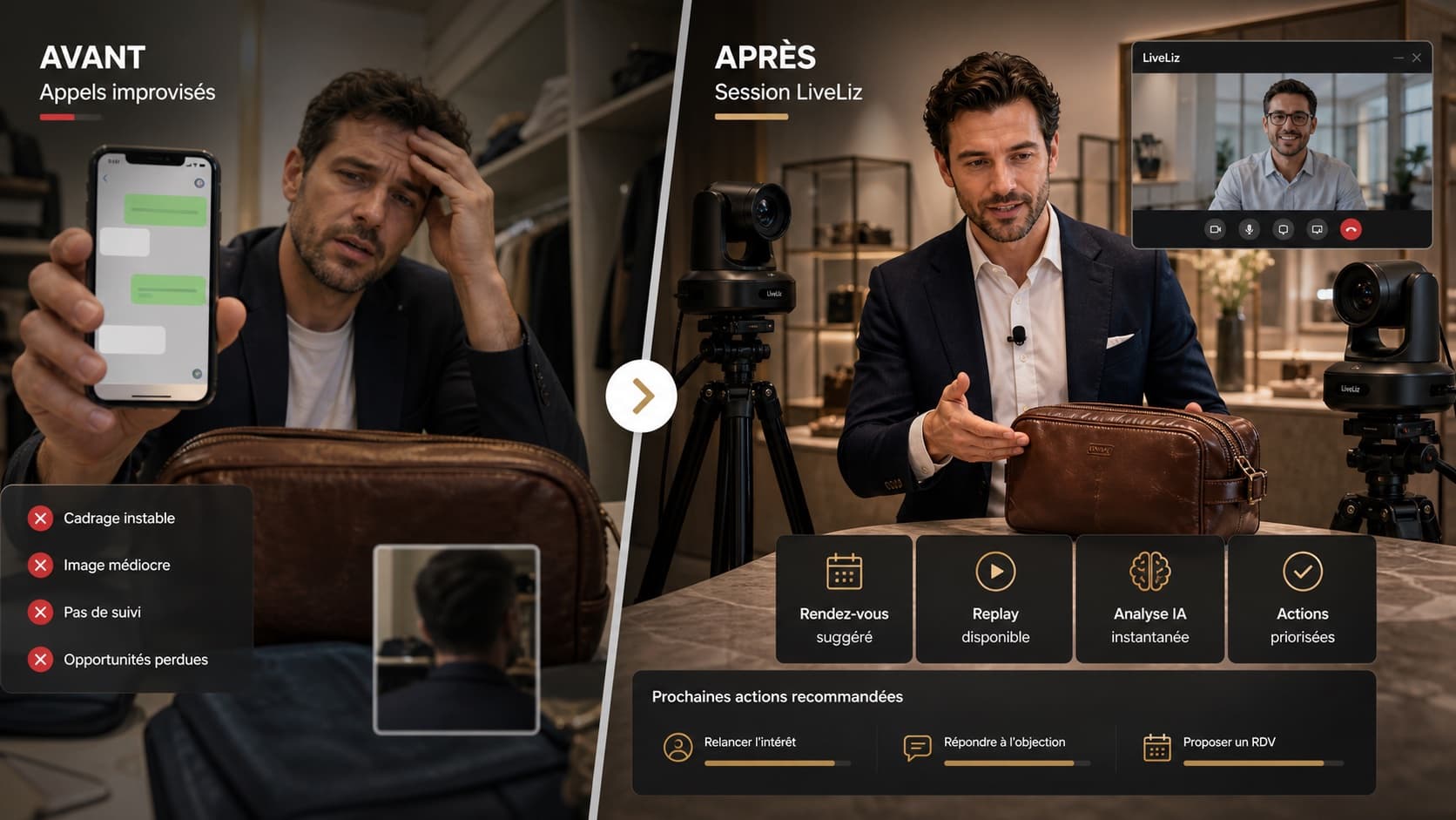 Split-Screen: Verkäufer, der in WhatsApp improvisiert, dann derselbe Austausch in LiveLiz inszeniert mit gebrandetem Link, Empfang und gerahmtem Produkt.